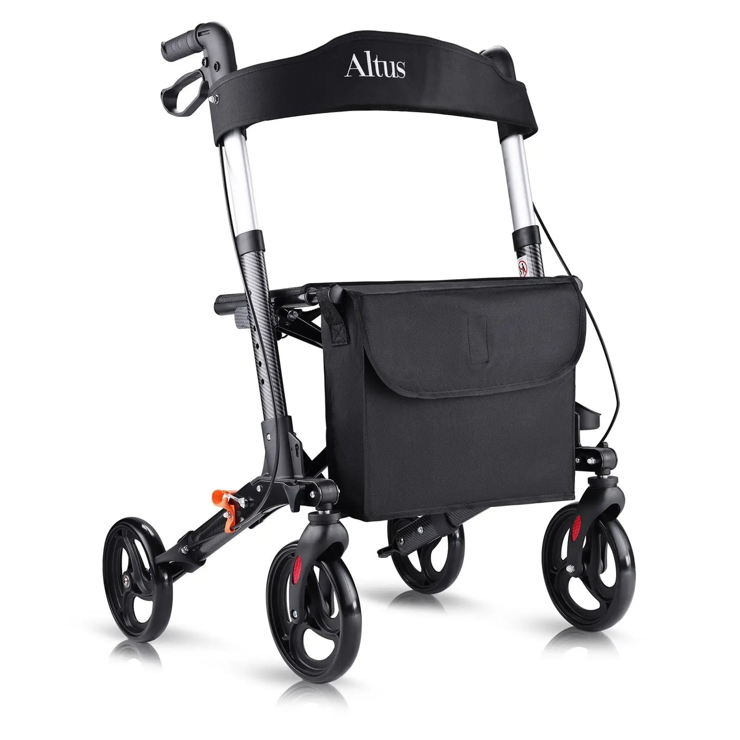 Altus Euro Style Mobility Rollator Walking Frame with Seat Back Bag X-Fold Alloy Frame Carbon Fiber Style Black myaltus