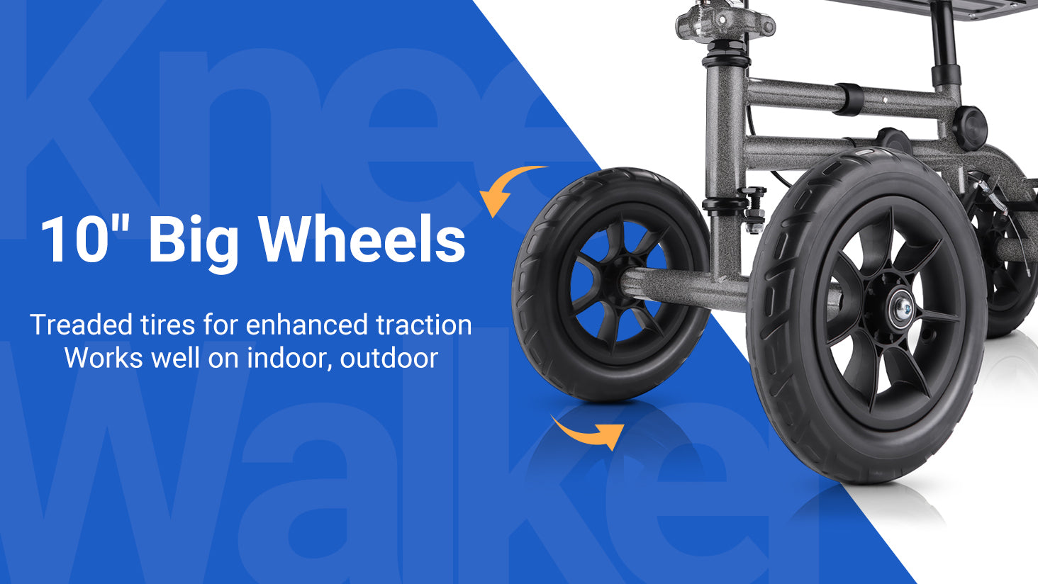 Equipped with large 10-inch wheels featuring textured treads for superior grip. This knee scooter glides smoothly on indoor floors and tackles outdoor paths, grass, or uneven terrain with ease.