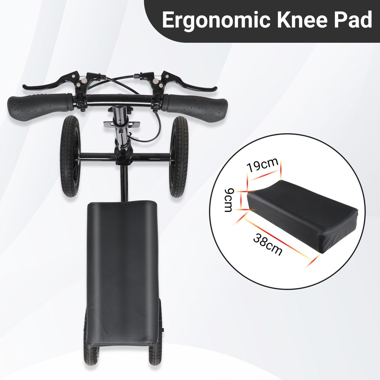 Ergonomic knee pad with measurement details on a white background