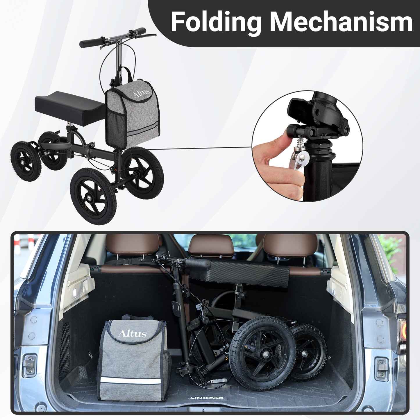 Folding mechanism of a knee walker with a close-up of the handle and a scene inside a car with the folded walker.