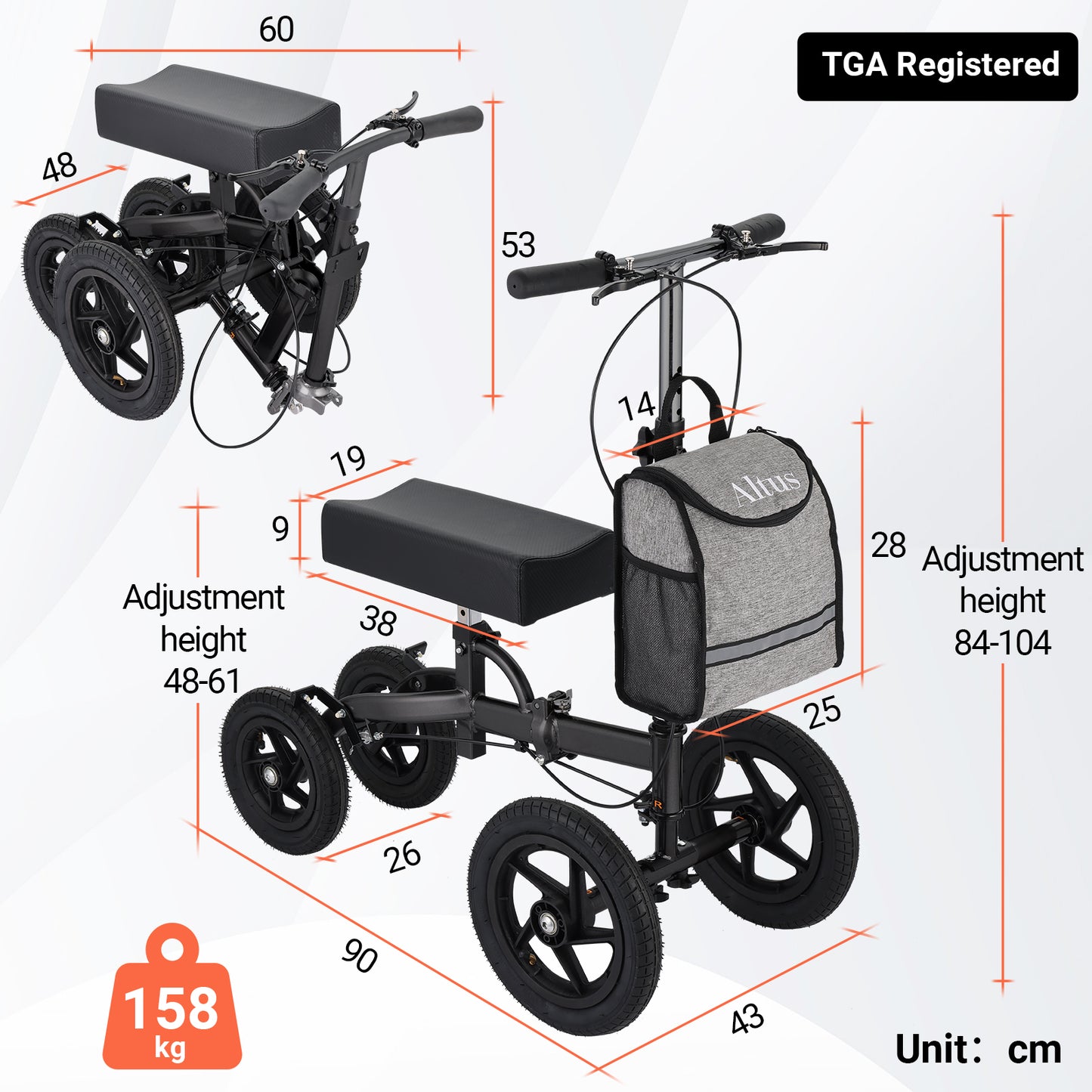 Knee scooter with dimensions and weight information on a white background