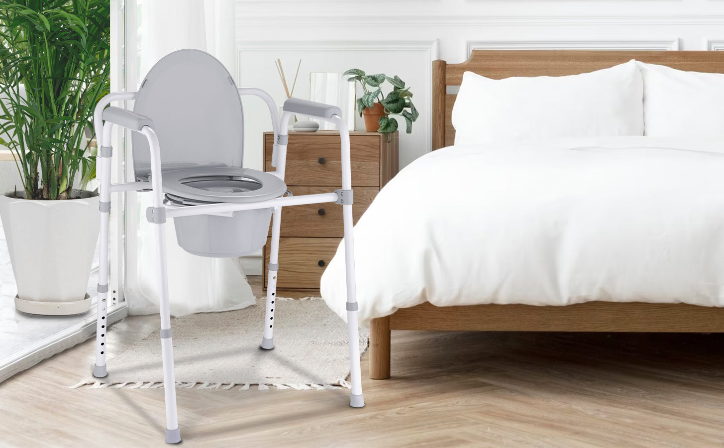 This foldable commode chair is ideal for seniors, pregnant women, and people with disabilities. It features a sturdy frame with non-slip parts for safety. Adjustable height fits various users. Suitable for bedroom, bathroom, and more, it enhances daily convenience for those with limited mobility.