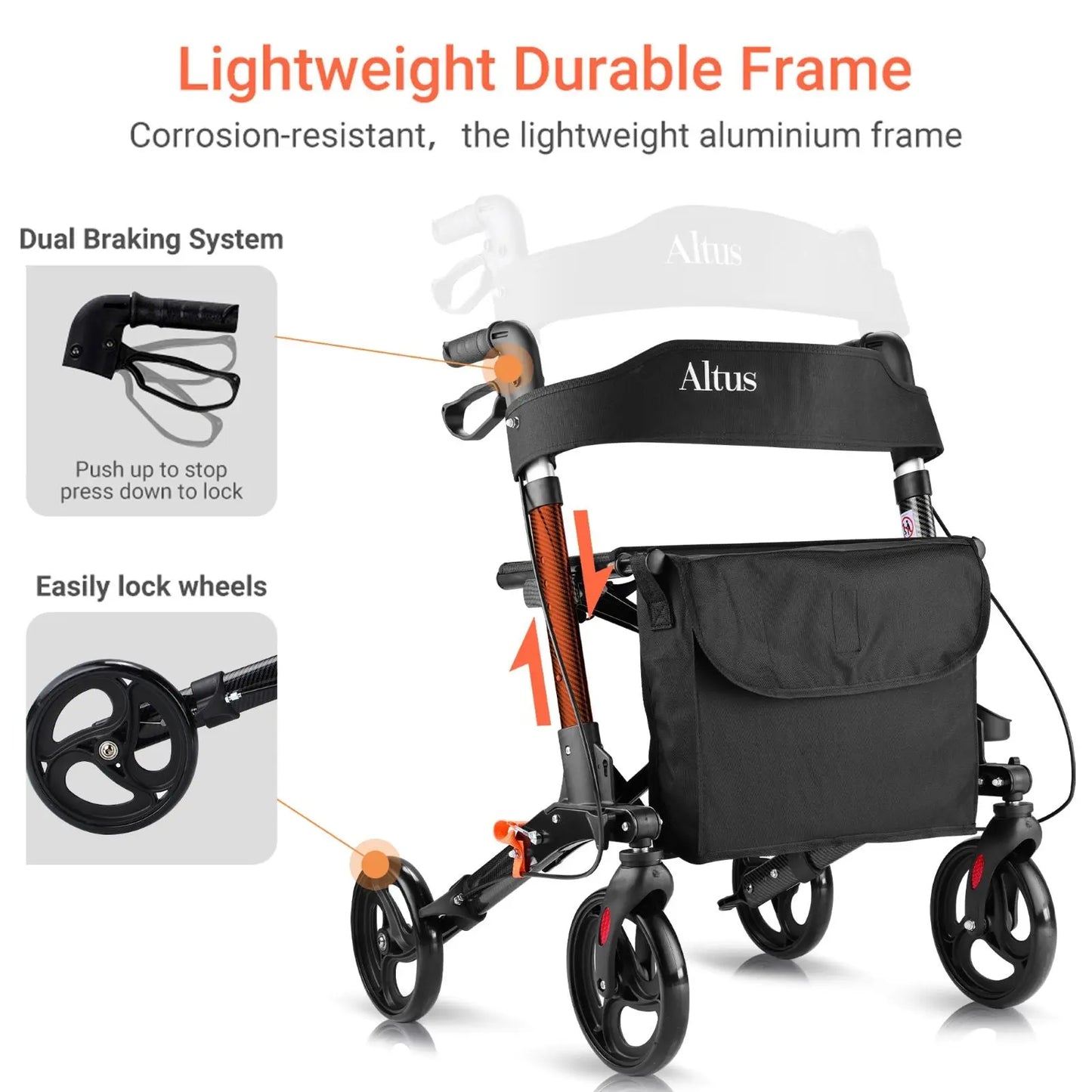 Altus Euro Style Mobility Rollator Walking Frame with Seat Back Bag X-Fold Alloy Frame Carbon Fiber Style Black myaltus
