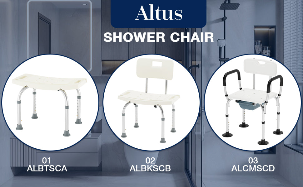 Altus Shower Chair Series enhances your bathing experience.The ALBTSCA flat bench features a simple design, easy to place across the bathtub with drainage holes for quick water flow.The ALBKSCB model includes a backrest for extra support and comfort during long use.The ALCMSCD combines shower and commode functions, with sturdy armrests and a practical removable pan.Three versatile options to create a safe and comfortable shower time for you.