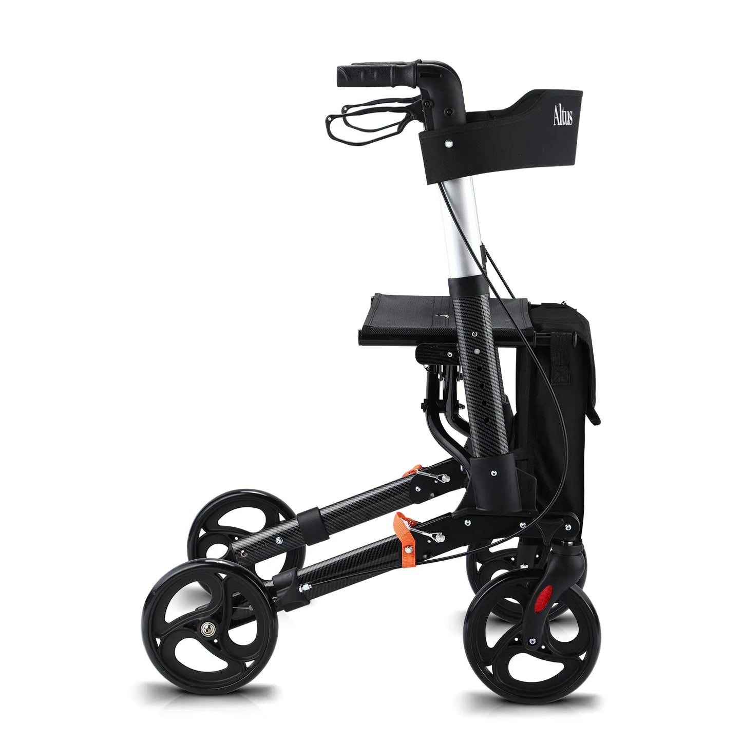 Altus Euro Style Mobility Rollator Walking Frame with Seat Back Bag X-Fold Alloy Frame Carbon Fiber Style Black myaltus