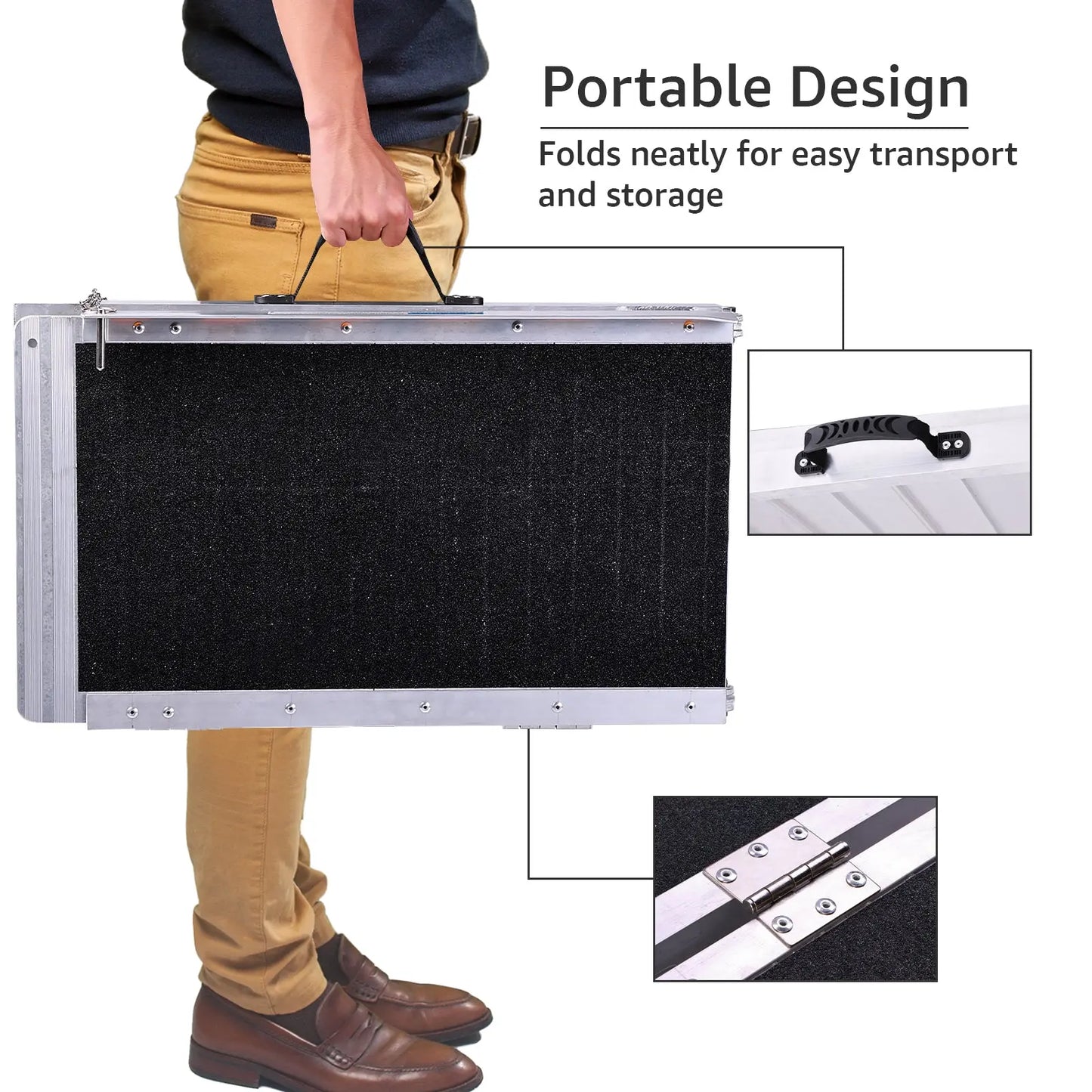 Man carrying folded Altus Portable Wheelchair Ramp, highlighting the ease of transport with a portable design.
