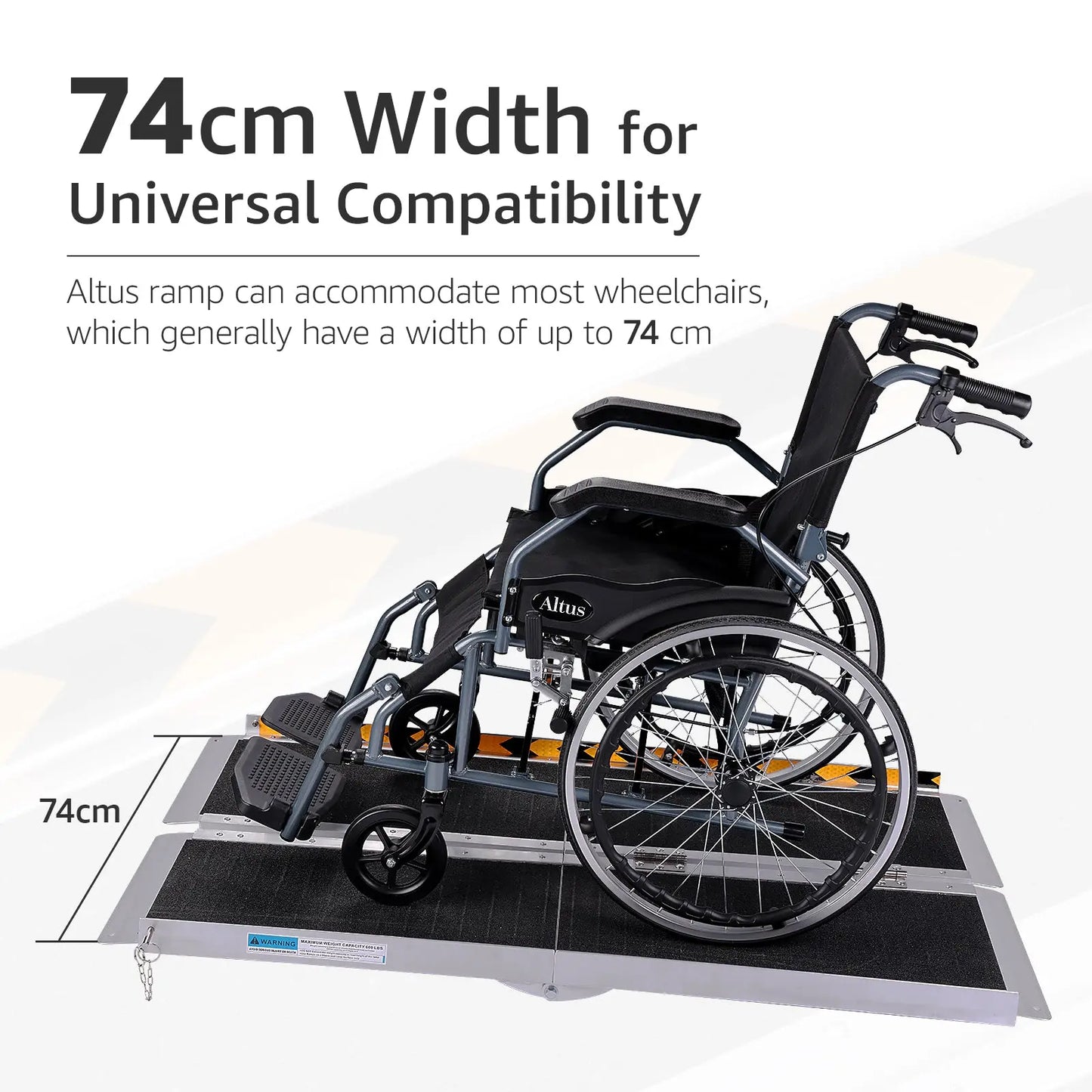 vWheelchair securely positioned on Altus Aluminum Ramp with 74 cm width for universal wheelchair compatibility.
