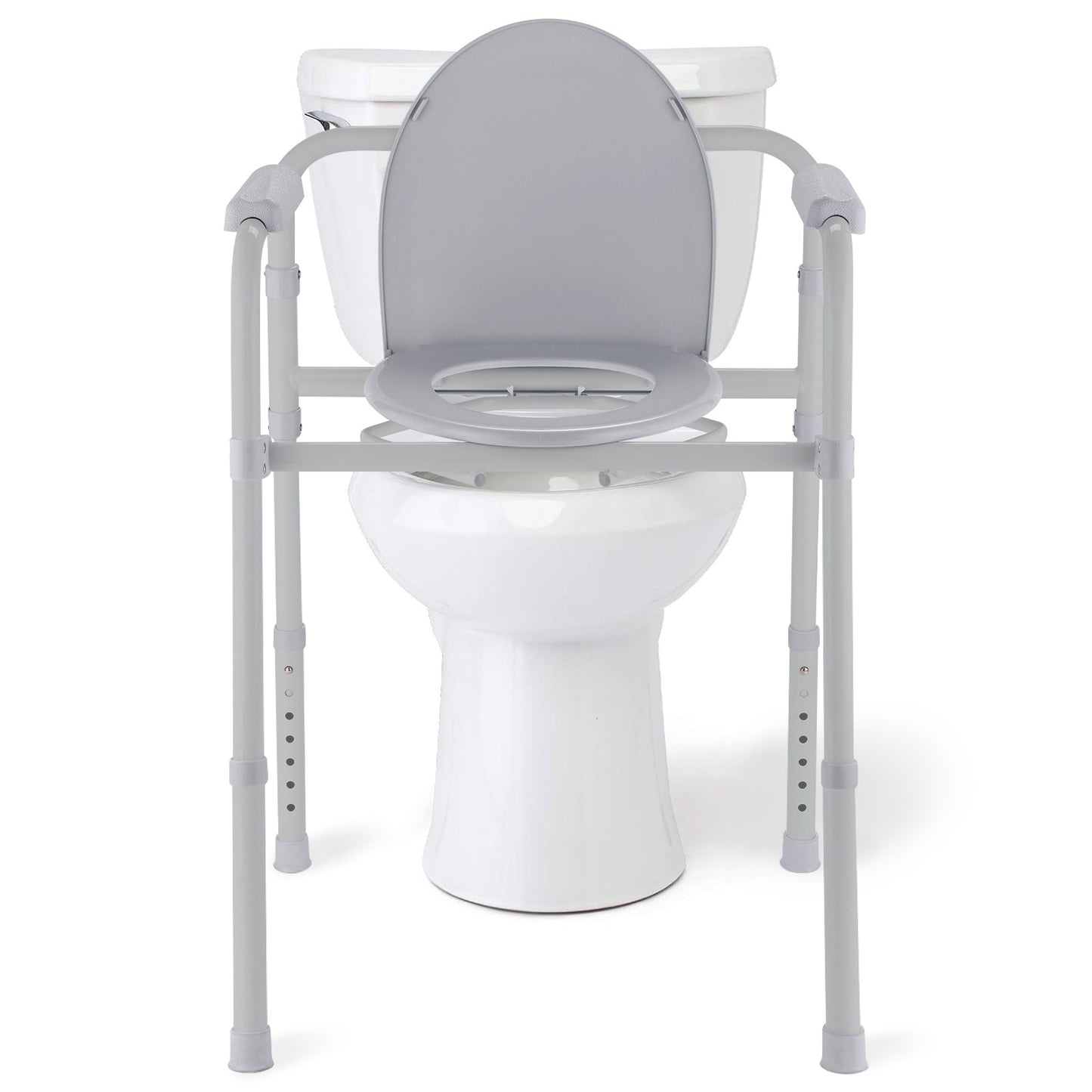 Commode Chair Fitted Over Standard Toilet: The commode chair placed over a regular toilet, illustrating its adaptability and use in a bathroom setting.