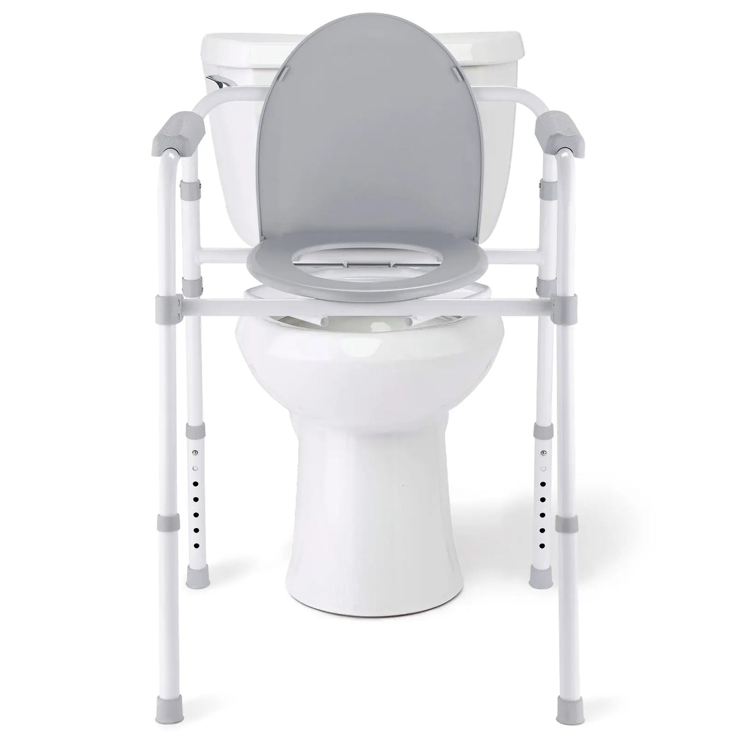 Image of a white, foldable frame commode chair placed over a standard toilet, showcasing its versatility and dual-use design.