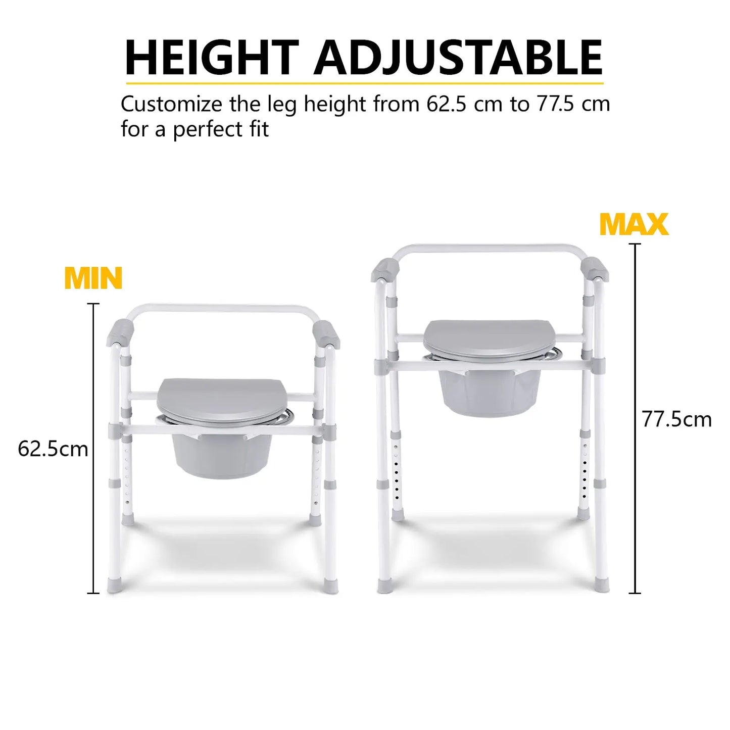 Image showing the height adjustability of a white, foldable frame commode chair with measurements indicating the minimum and maximum heights.