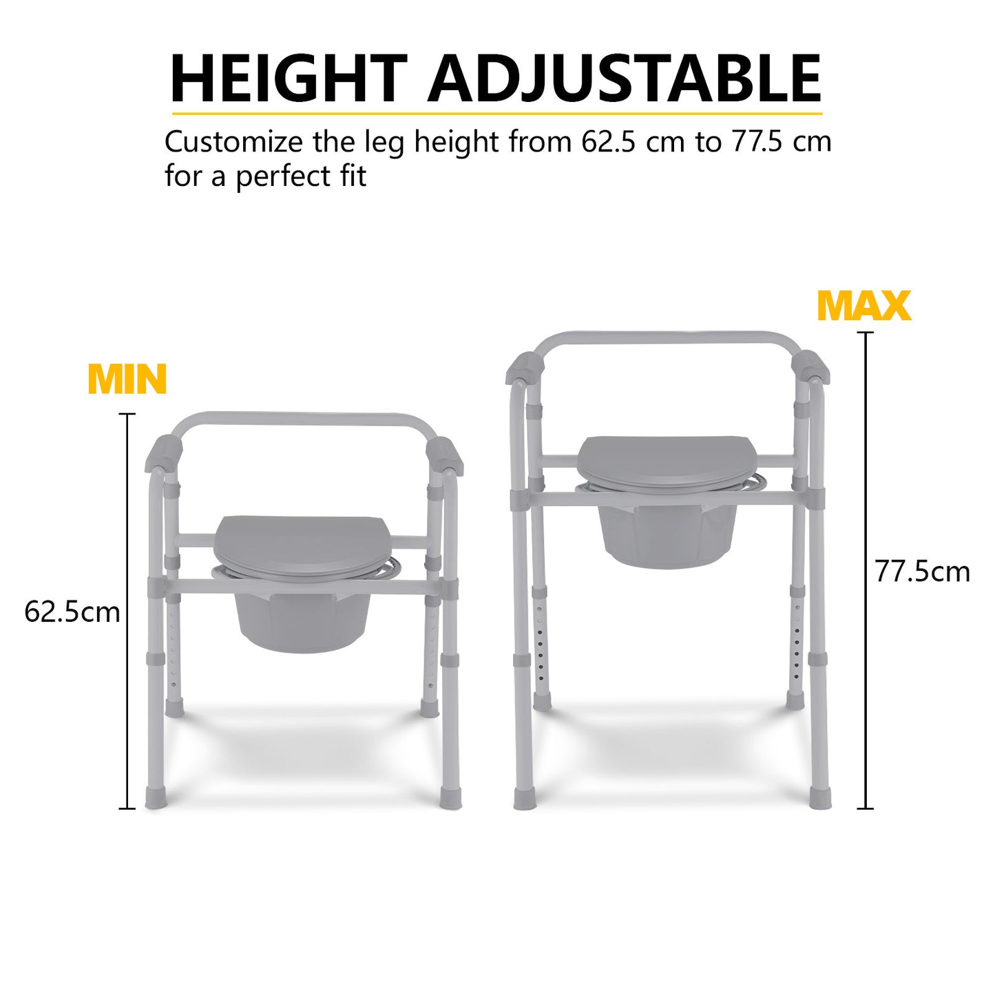 Height Adjustment Feature of Commode Chair: Image displaying the minimum and maximum height settings of a commode chair with a scale showing measurements.