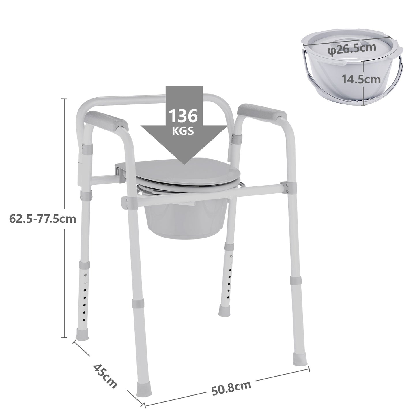 This image displays the detailed dimensions of the Altus folding commode chair, which can support up to 136 kg. It also shows a side view of the included bucket and its dimensions.