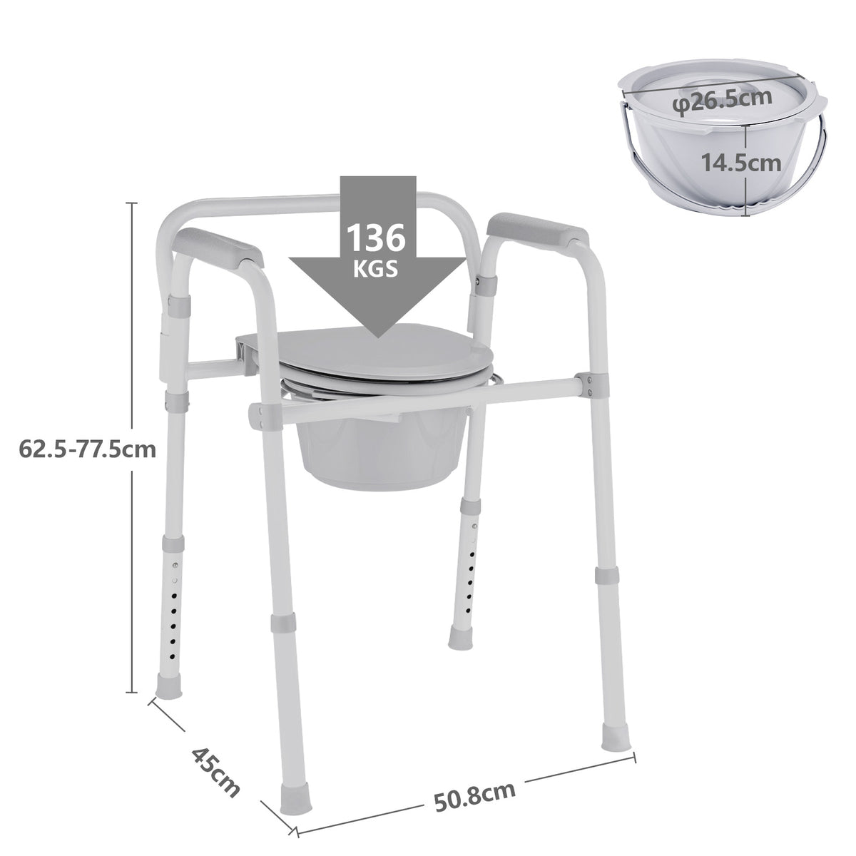 This image displays the detailed dimensions of the Altus folding commode chair, which can support up to 136 kg. It also shows a side view of the included bucket and its dimensions.