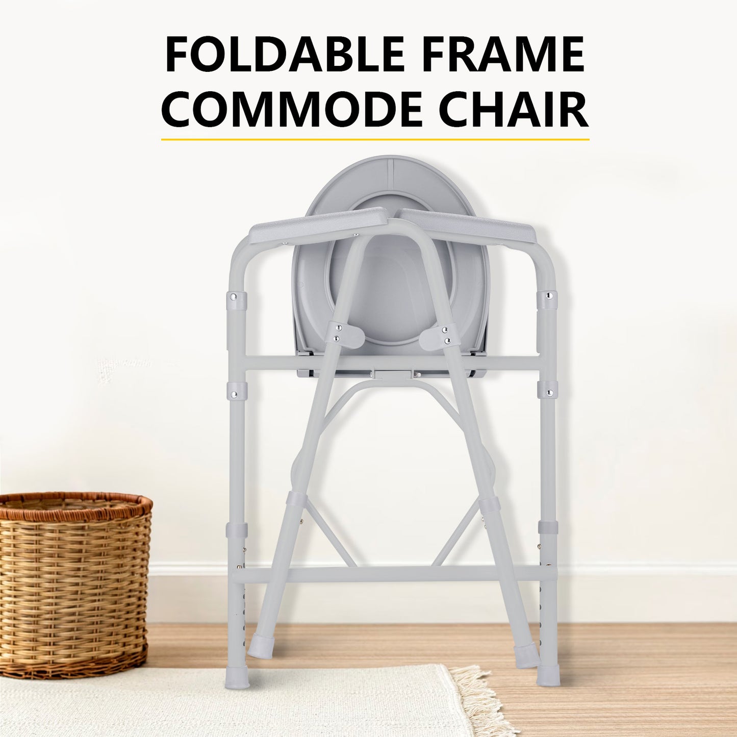 Foldable Frame Commode Chair: A commode chair showcased in a folded position to highlight its compact storage capability, placed against a plain background.
