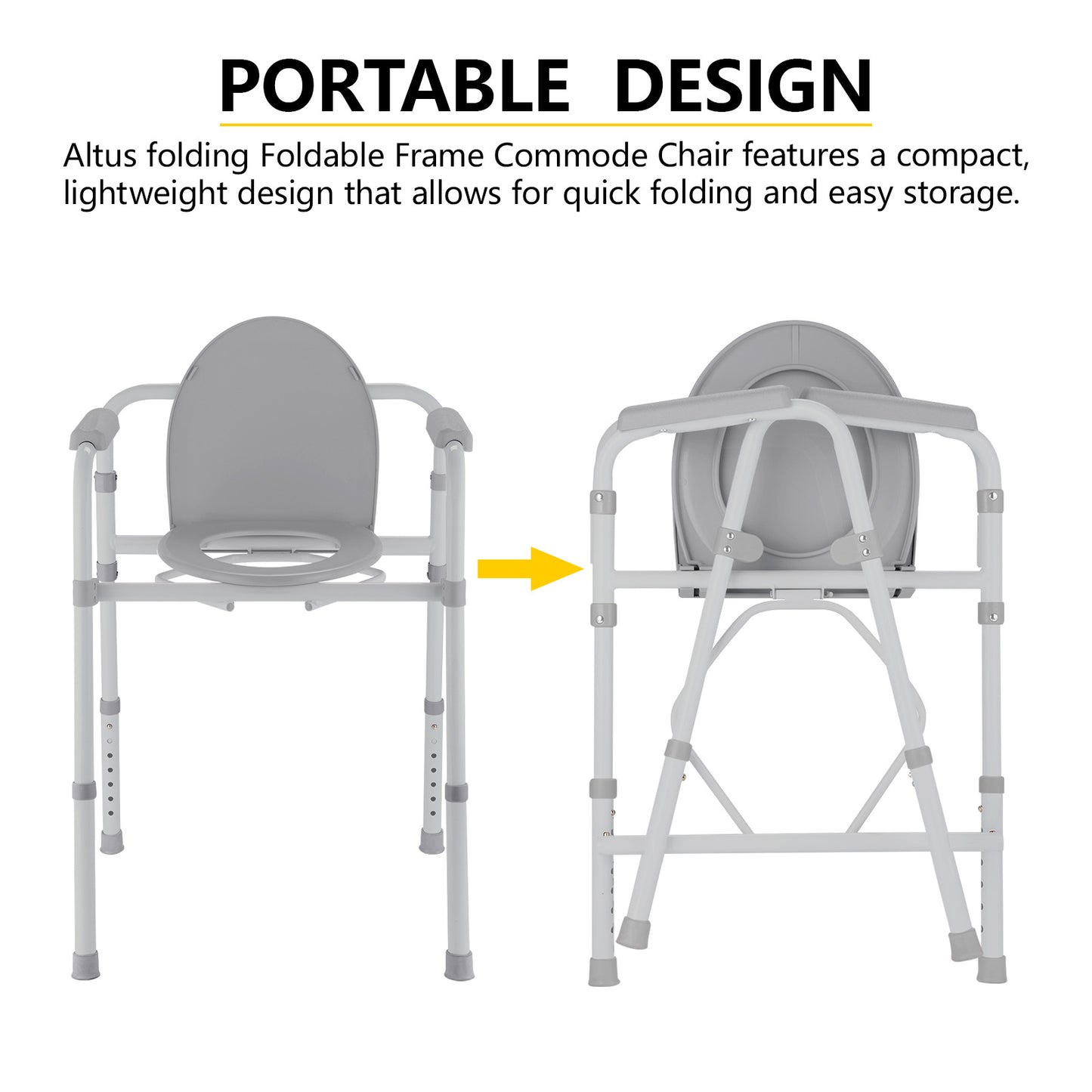 This graphic highlights the portable design of the Altus folding commode chair. It features a compact and lightweight frame that folds quickly for easy storage.
