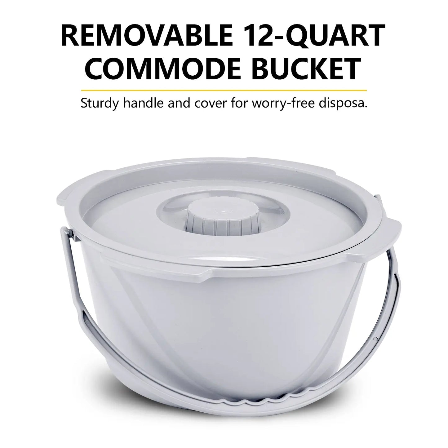Close-up image of a removable 12-quart commode bucket with a sturdy handle and cover, demonstrating easy disposal.