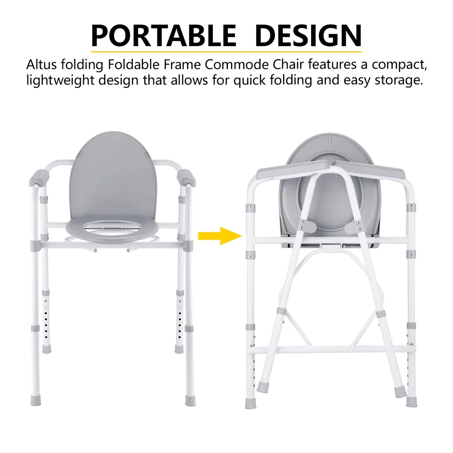 Image depicting the compact, lightweight design of a foldable frame commode chair, showing the chair folded for easy storage.