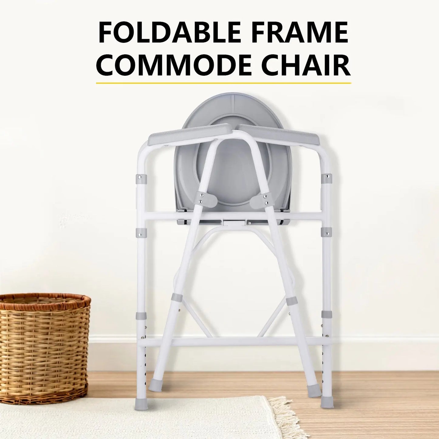 Image highlighting a folded white commode chair stored against a plain wall, demonstrating its space-saving feature.