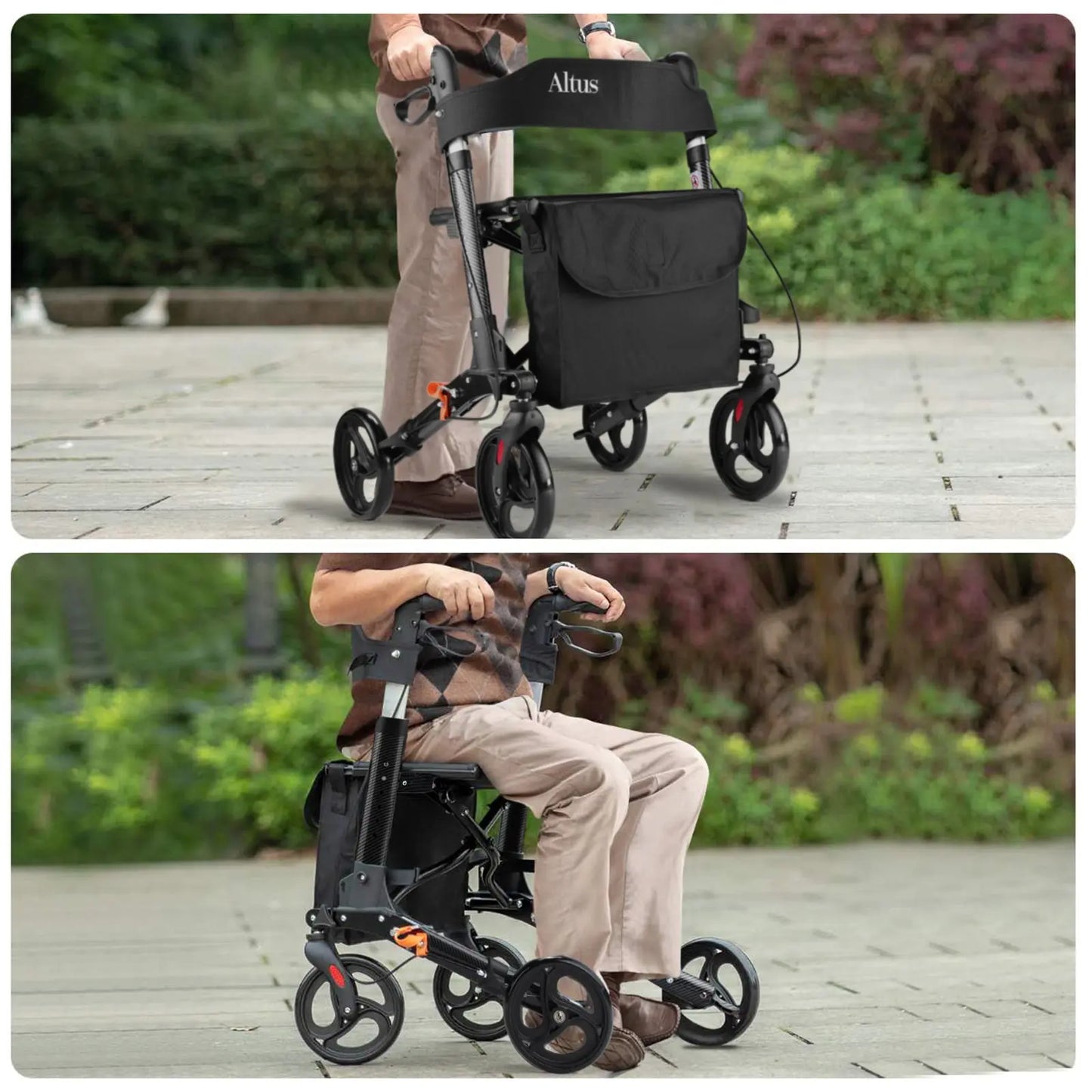 Altus Euro Style Mobility Rollator Walking Frame with Seat Back Bag X-Fold Alloy Frame Carbon Fiber Style Black myaltus