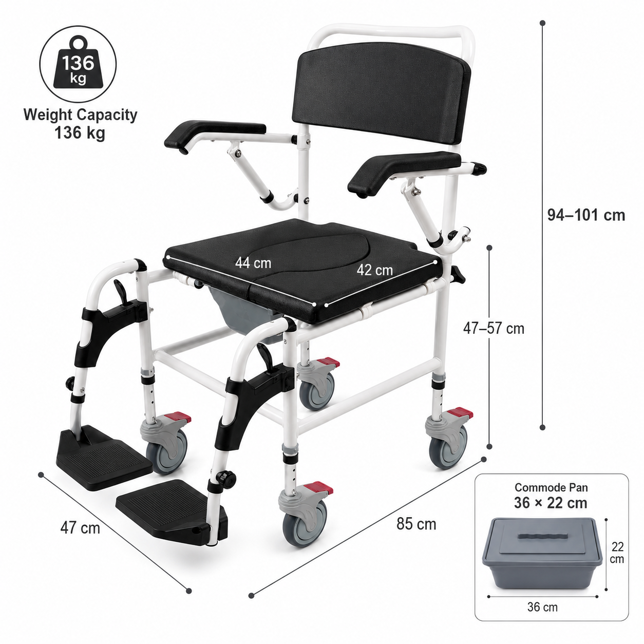 "* **Image 8: Product Dimensions and Specifications**
Detailed technical dimension chart for the Altus Transit Shower Commode displaying height, width, 136kg weight capacity, and commode pan size."