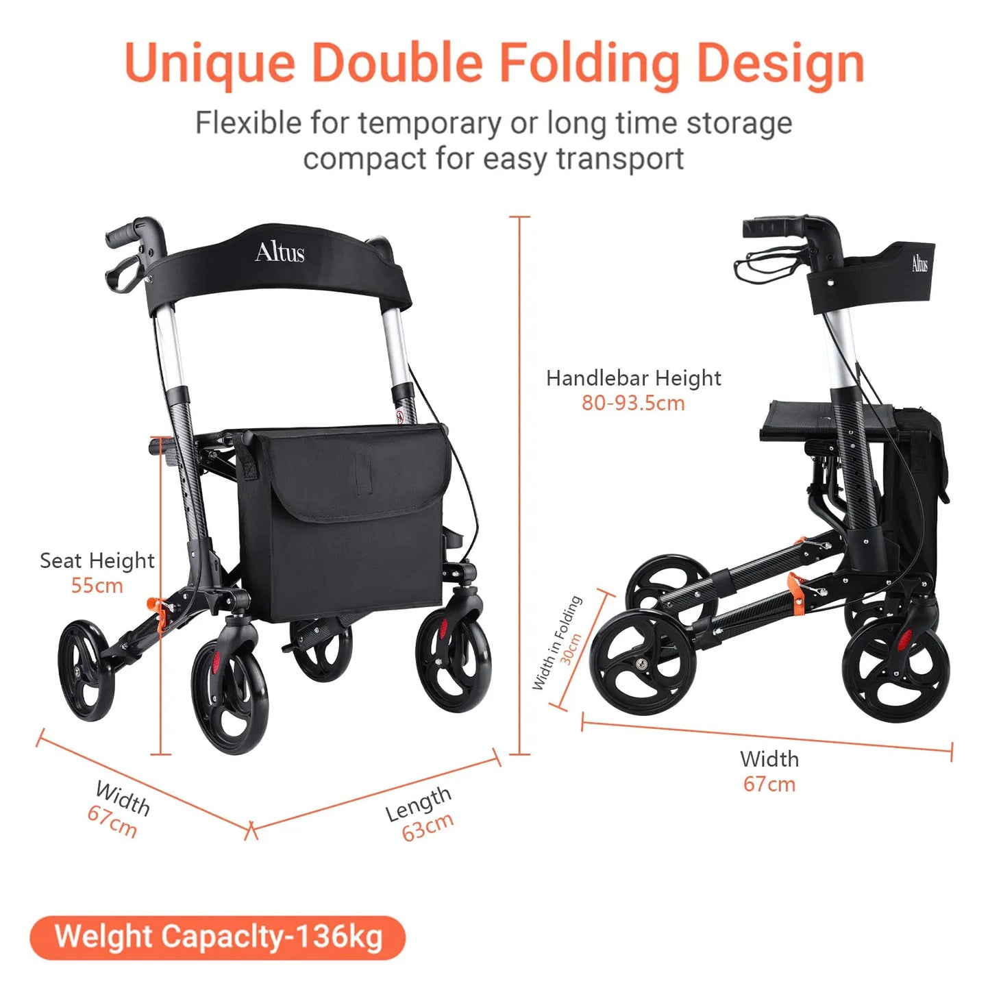 Altus Euro Style Mobility Rollator Walking Frame with Seat Back Bag X-Fold Alloy Frame Carbon Fiber Style Black myaltus