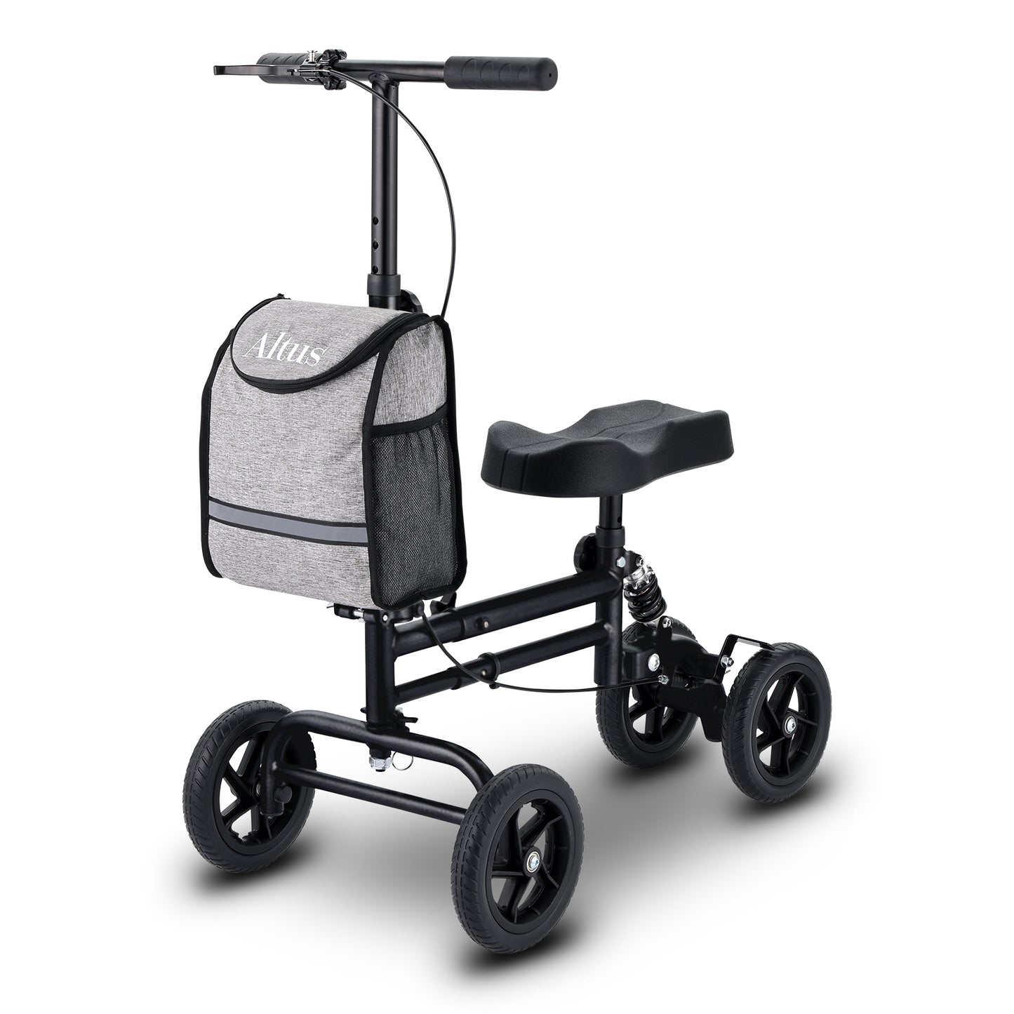 Knee scooter with a gray bag on a white background