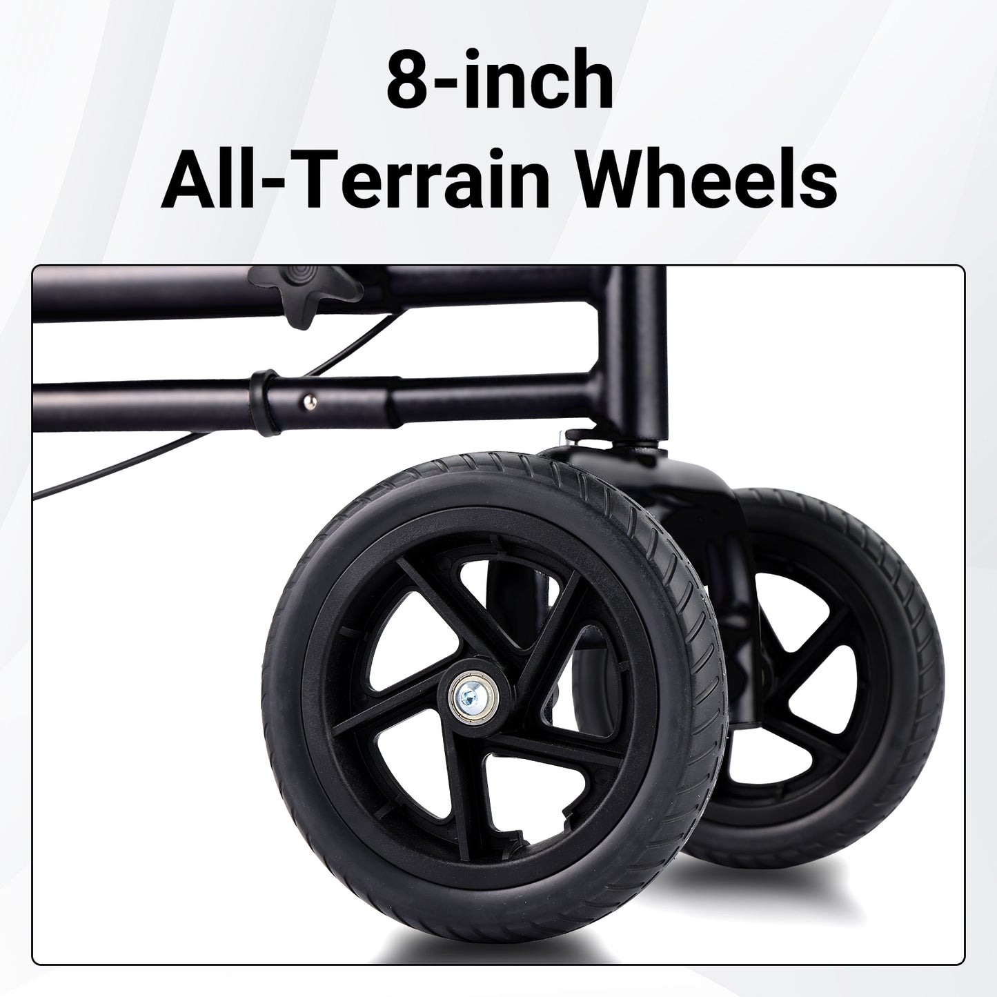 Close-up of 8-inch all-terrain wheels on a white background with text.