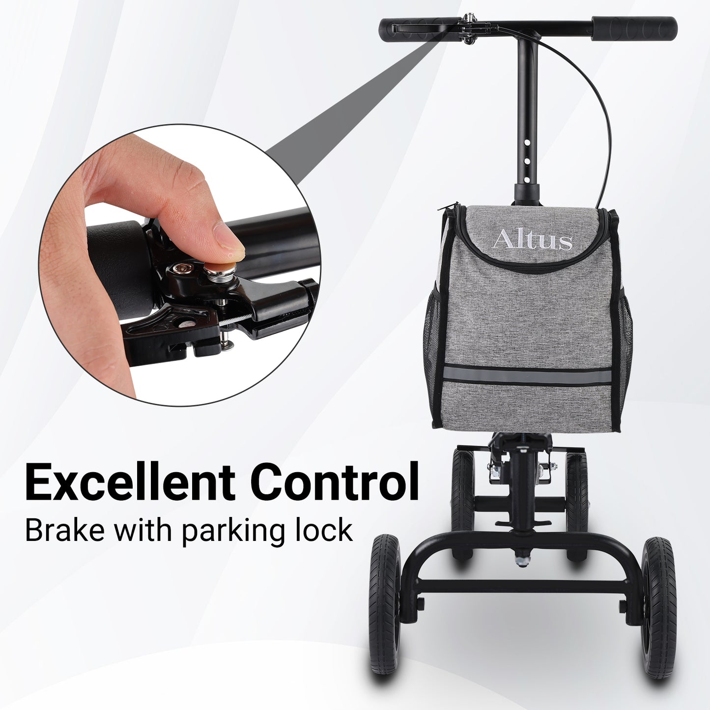 Gray scooter with brake handle and 'Altus' branding on a white background