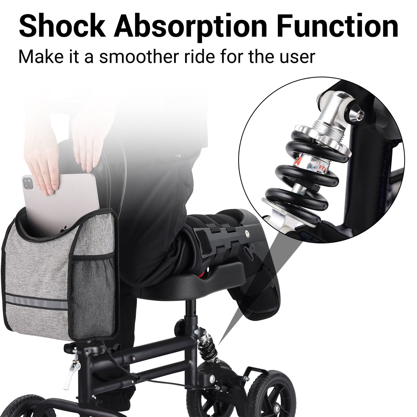 Wheelchair with shock absorption system and text highlighting its function