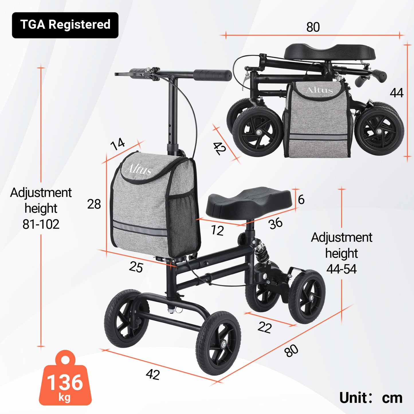 Knee walker with dimensions and weight capacity on a white background
