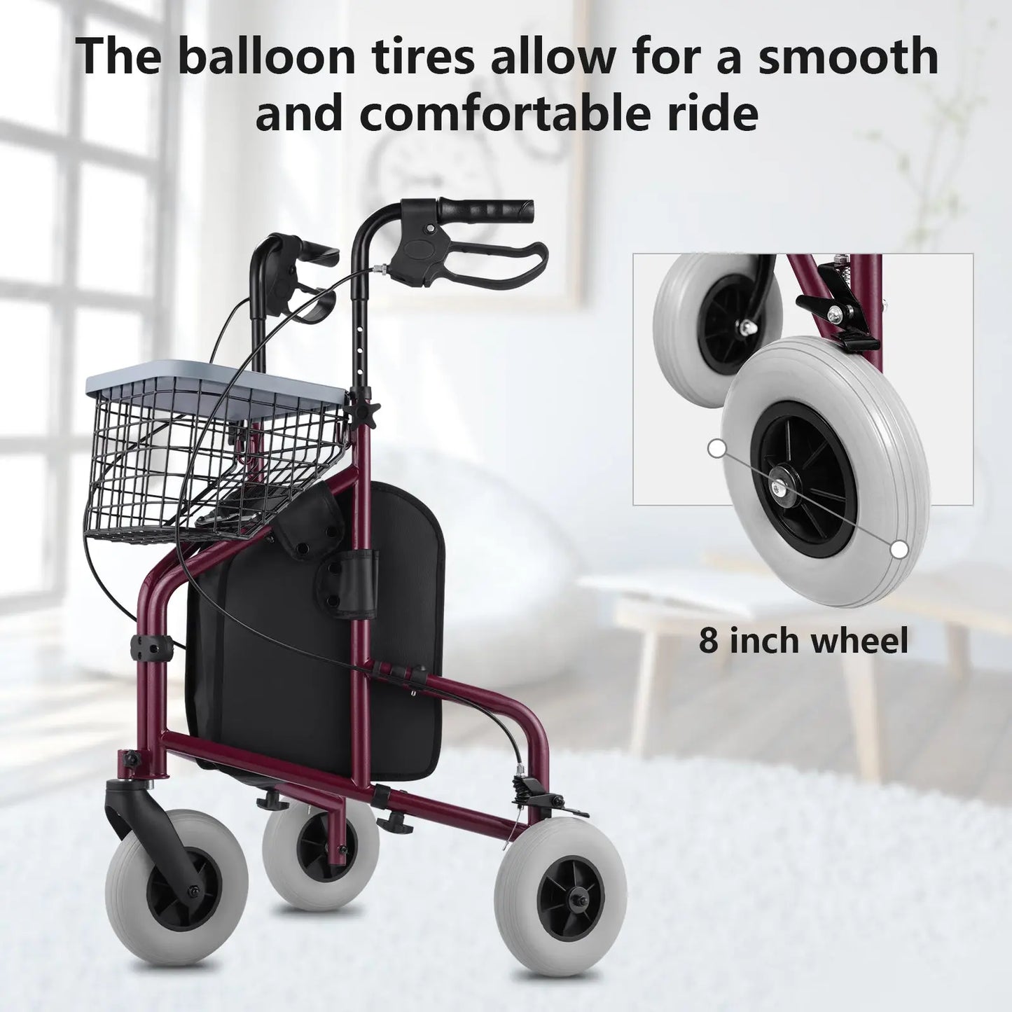 A red folding rollator walker with a black seat, shown from a front and side angle.