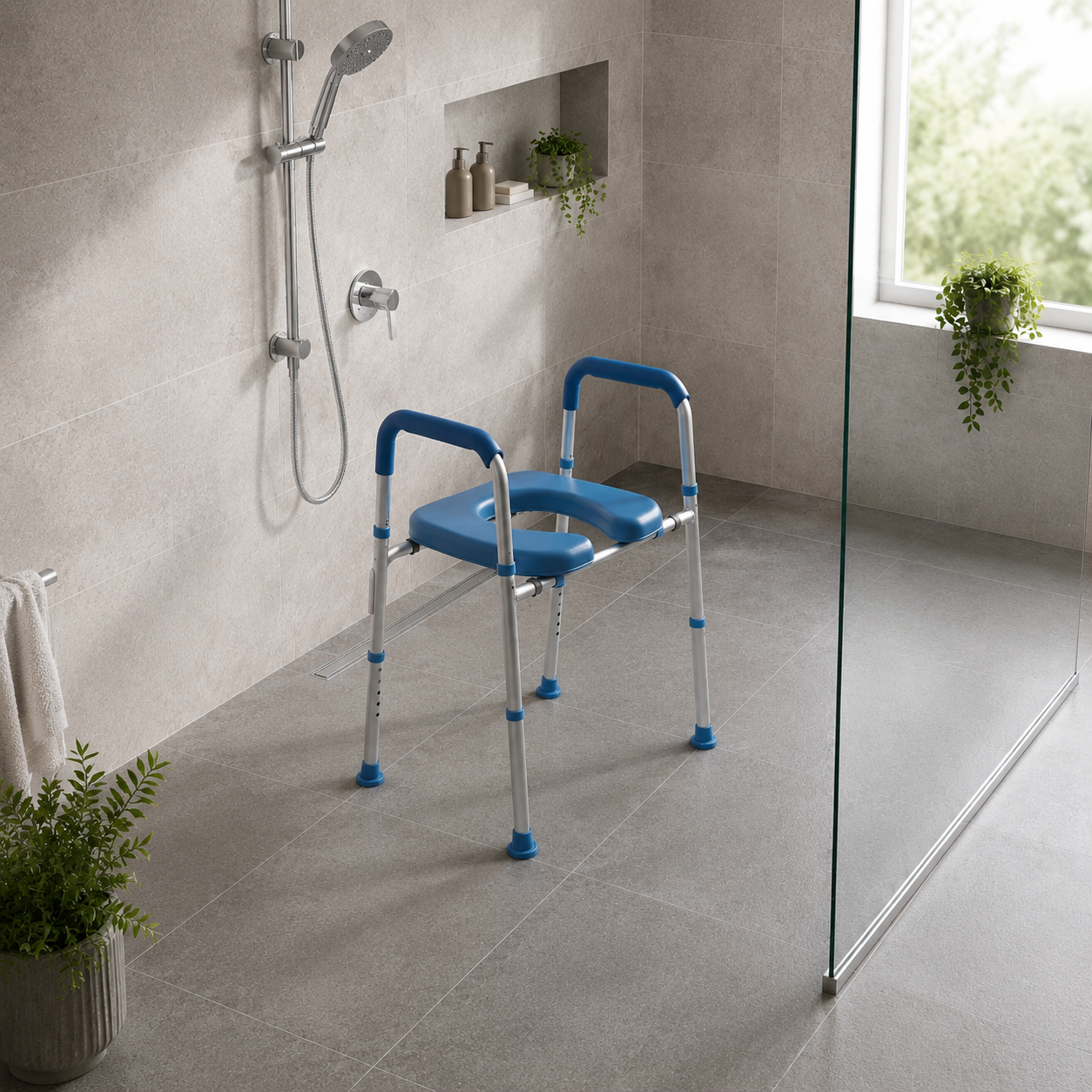 Real Bathroom Installation View
Full view of the Altus raised toilet seat width adjustable frame installed over a standard residential toilet displaying the clean design sturdy aluminum frame and non slip feet in a real home setting.
