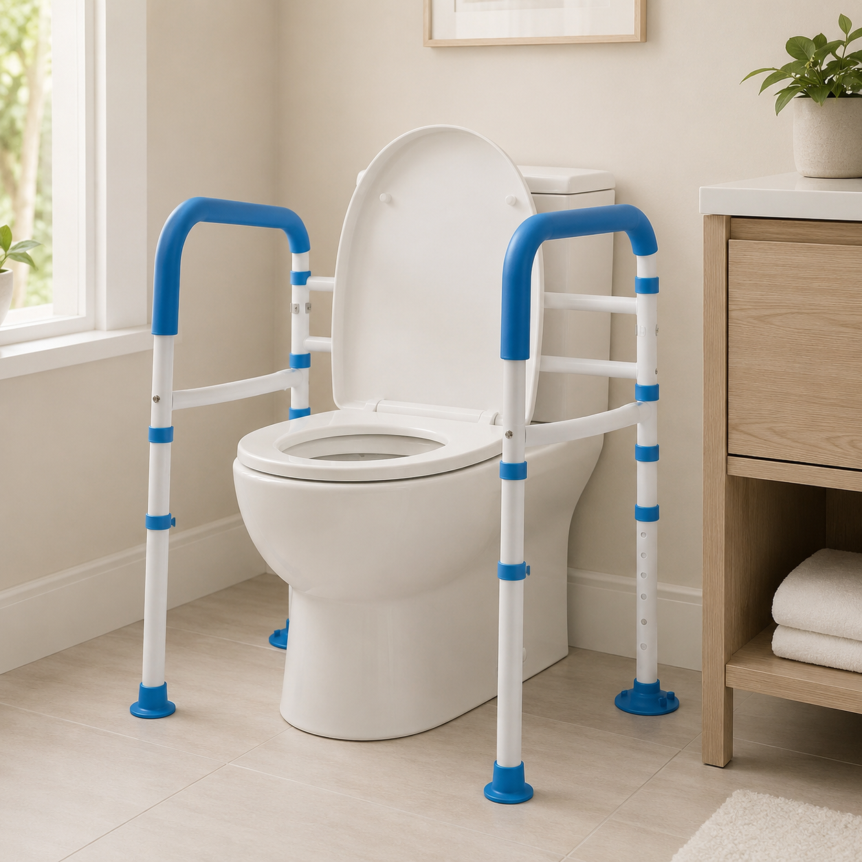 Bathroom Installation Preview : Real bathroom installation photo showing the blue and white toilet safety rails positioned around a standard toilet showcasing how it fits into a clean home bathroom decor