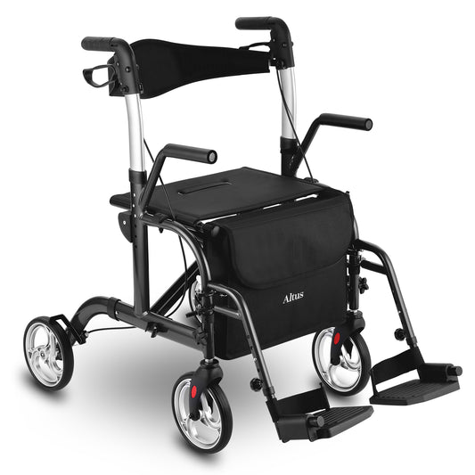 Black and silver mobility scooter with a seat on a white background