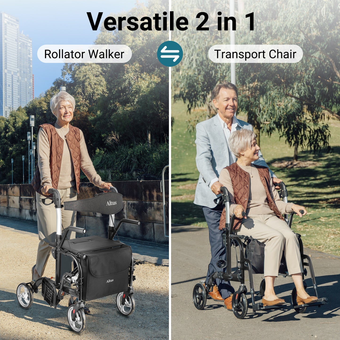 Versatile 2-in-1 rollator walker and transport chair used by an elderly couple outdoors.