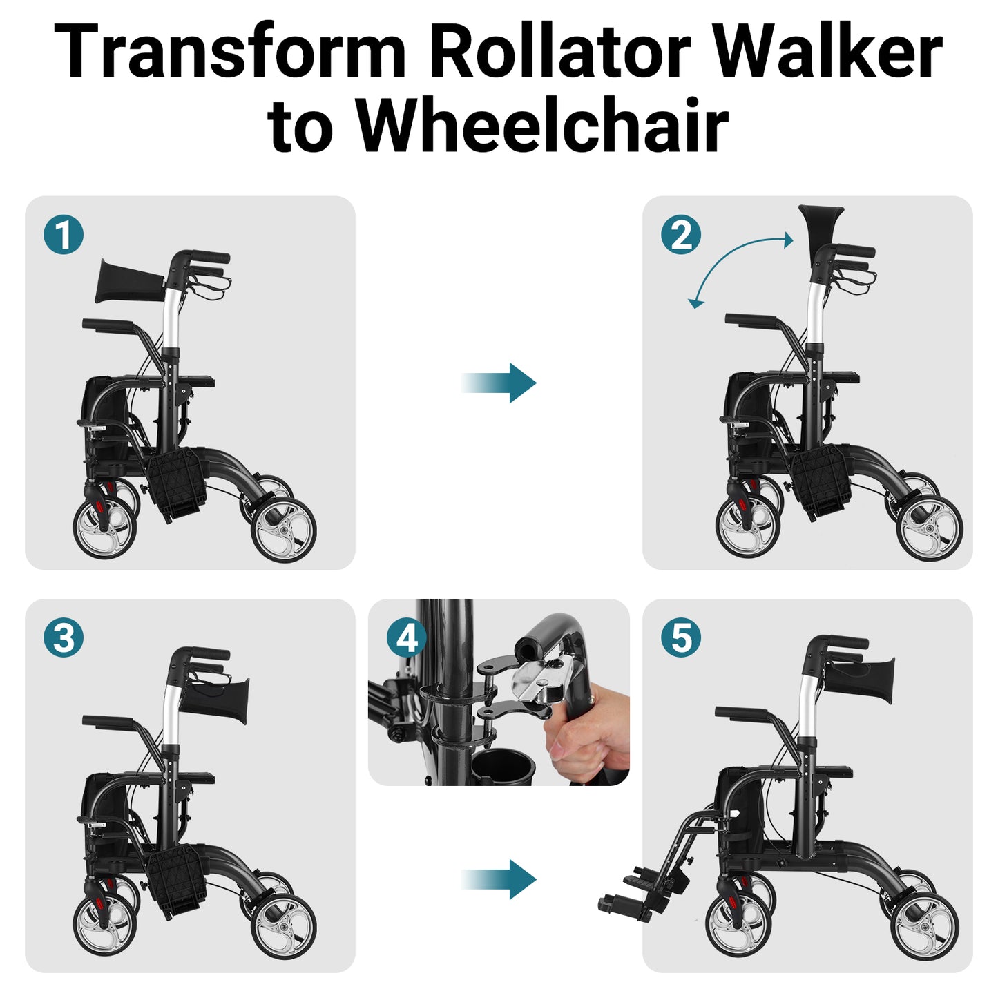 Step-by-step guide on transforming a rollator walker into a wheelchair.