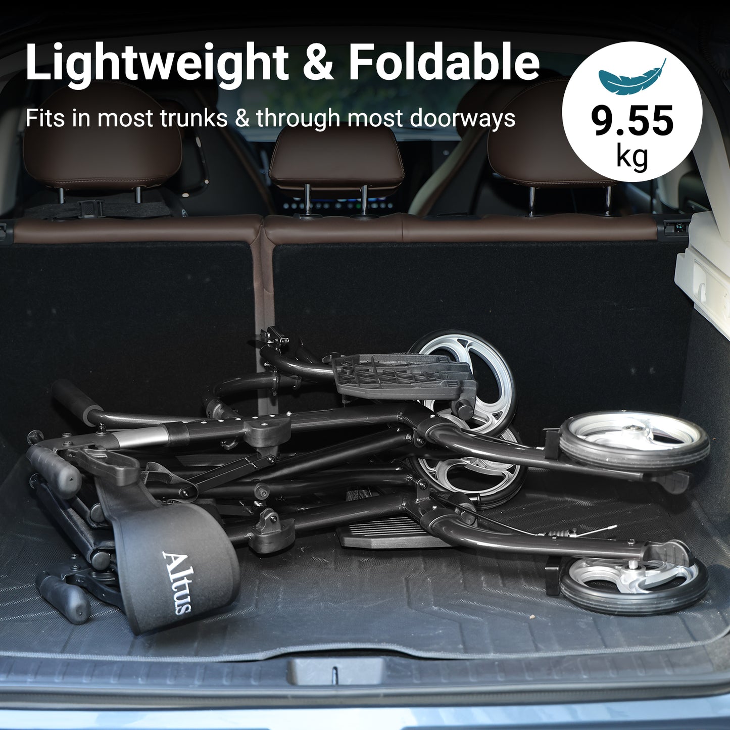 Foldable camping gear in a car trunk with text highlighting weight and portability.