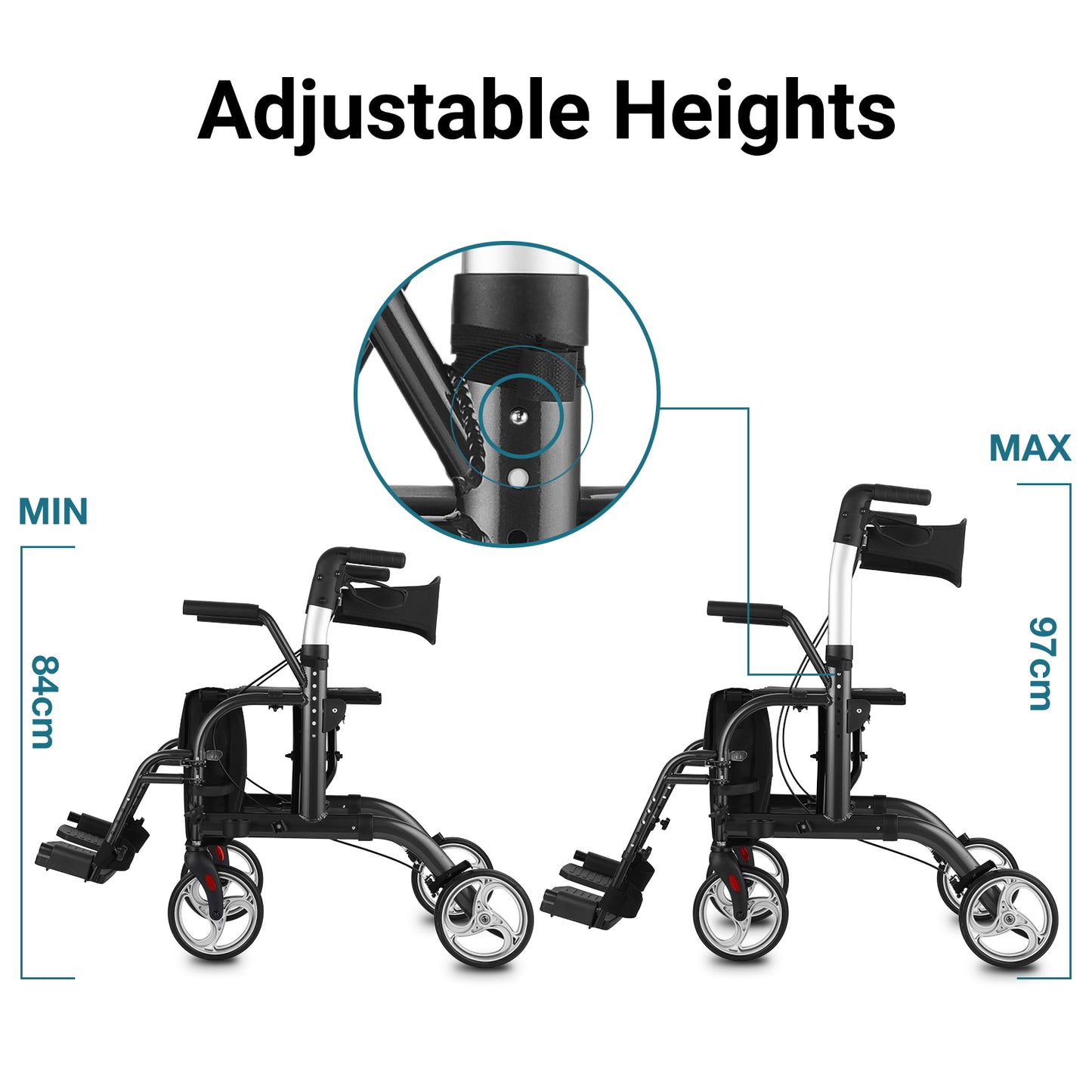 Adjustable height walker with measurement details on a white background