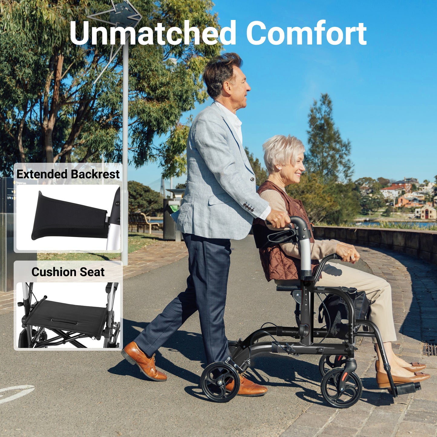 Man pushing a woman in a wheelchair with 'Unmatched Comfort' text and product features highlighted.