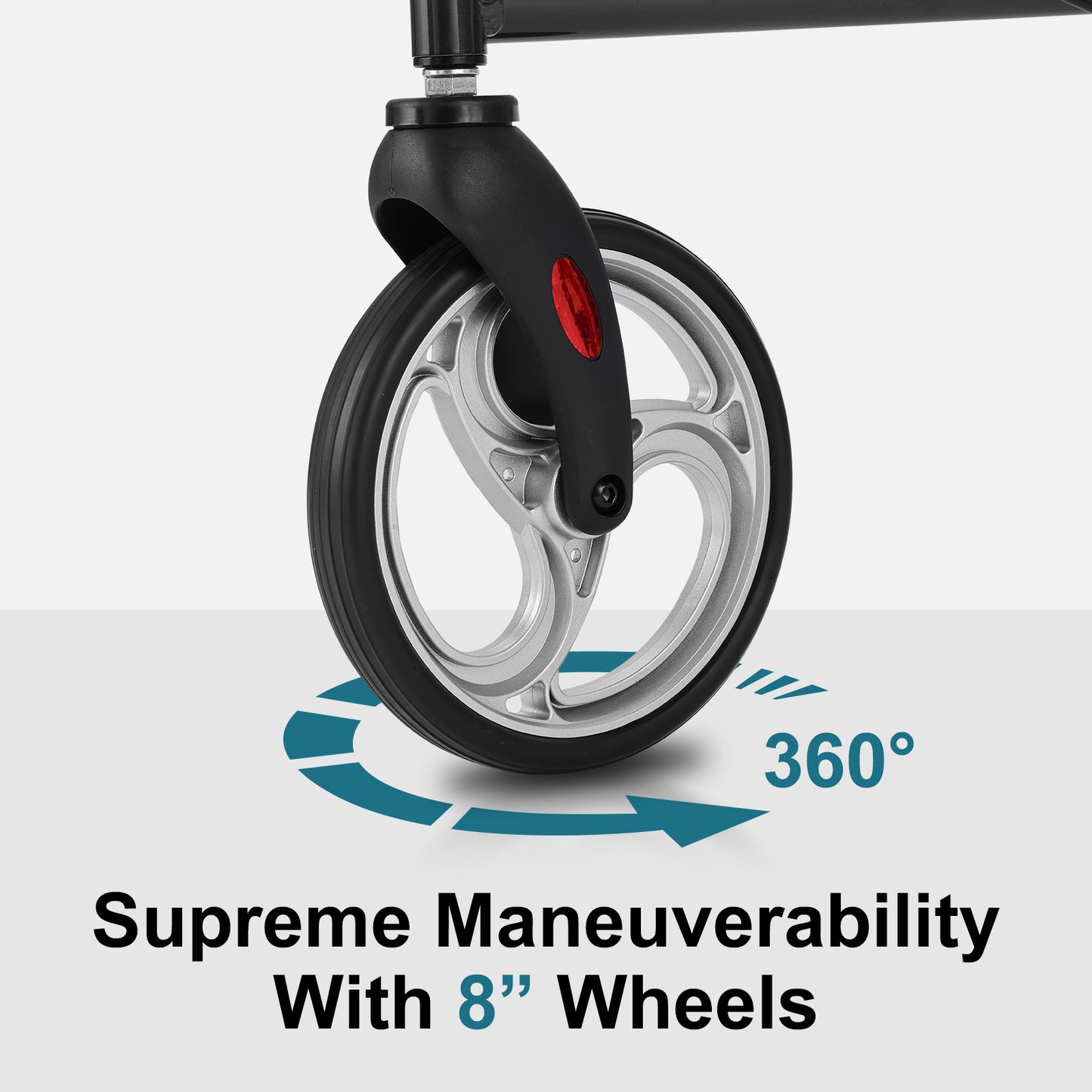 Close-up of a wheel with 360-degree maneuverability text on a white background