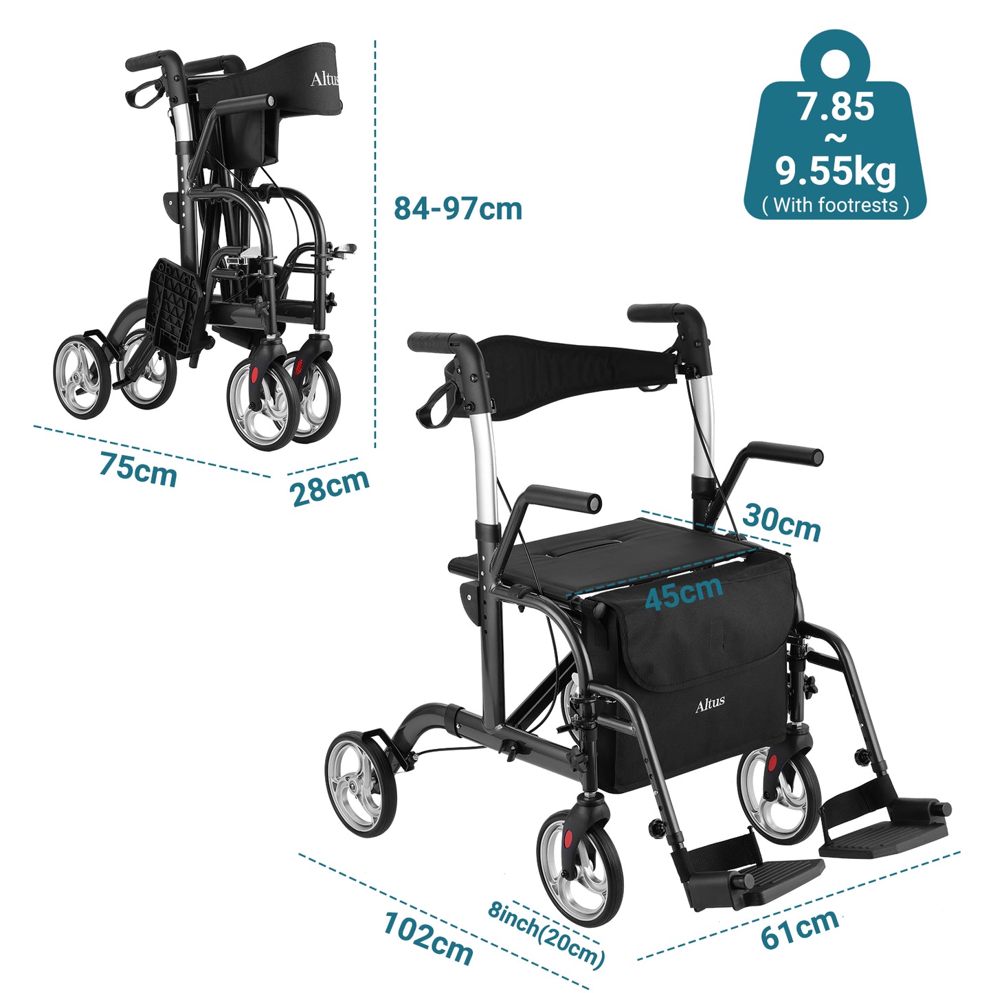 Black rollator with dimensions and weight information on a white background