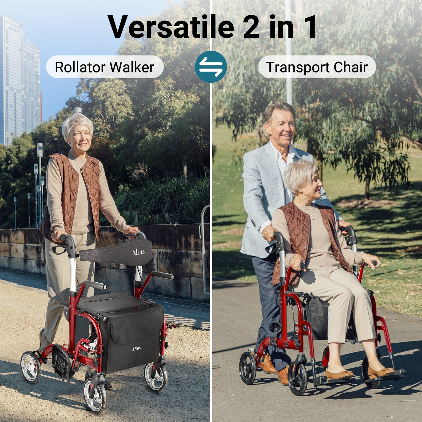 Versatile 2-in-1 rollator walker and transport chair used by an elderly couple outdoors.