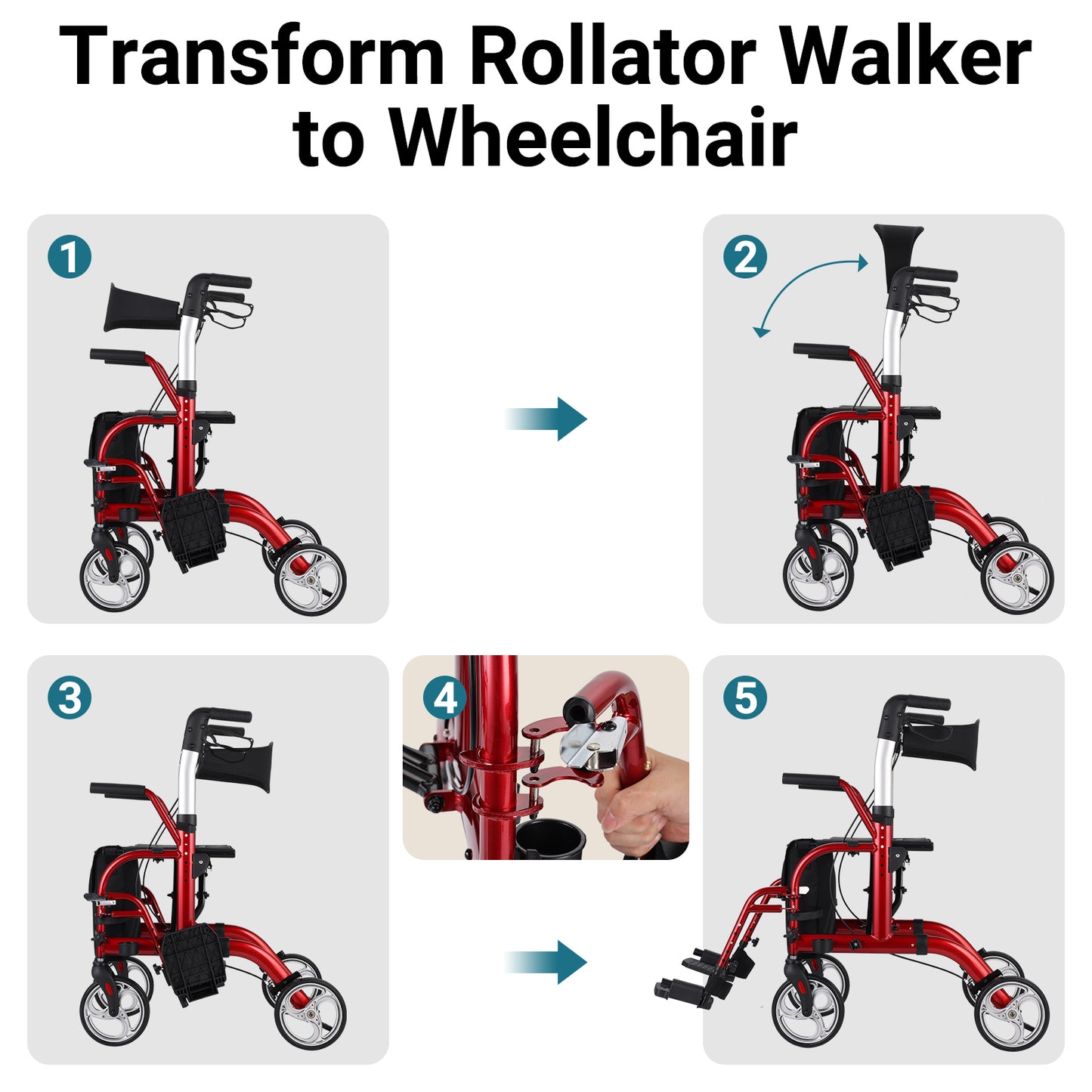 Step-by-step transformation of a rollator walker into a wheelchair with labeled arrows and images.