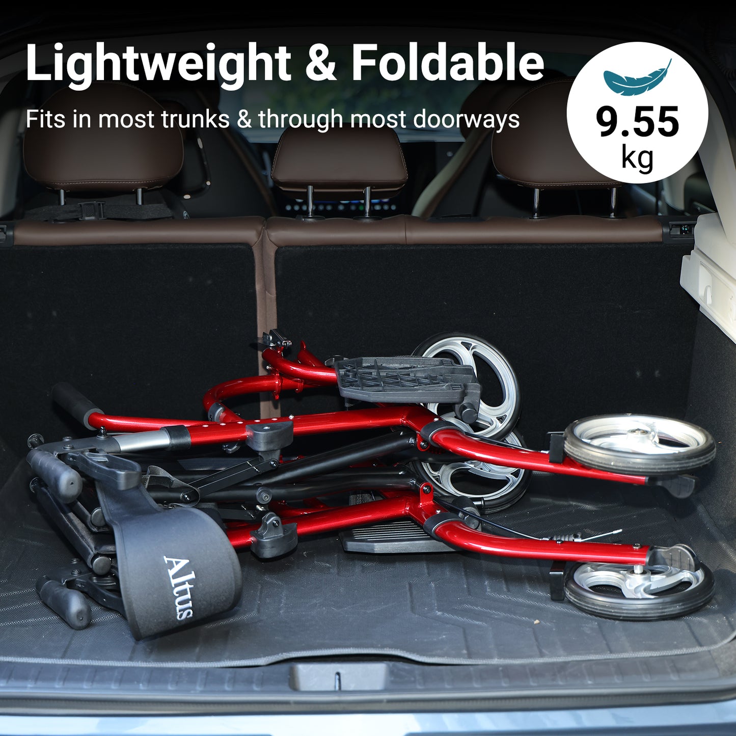 Foldable bike in a car trunk with text highlighting weight and portability.