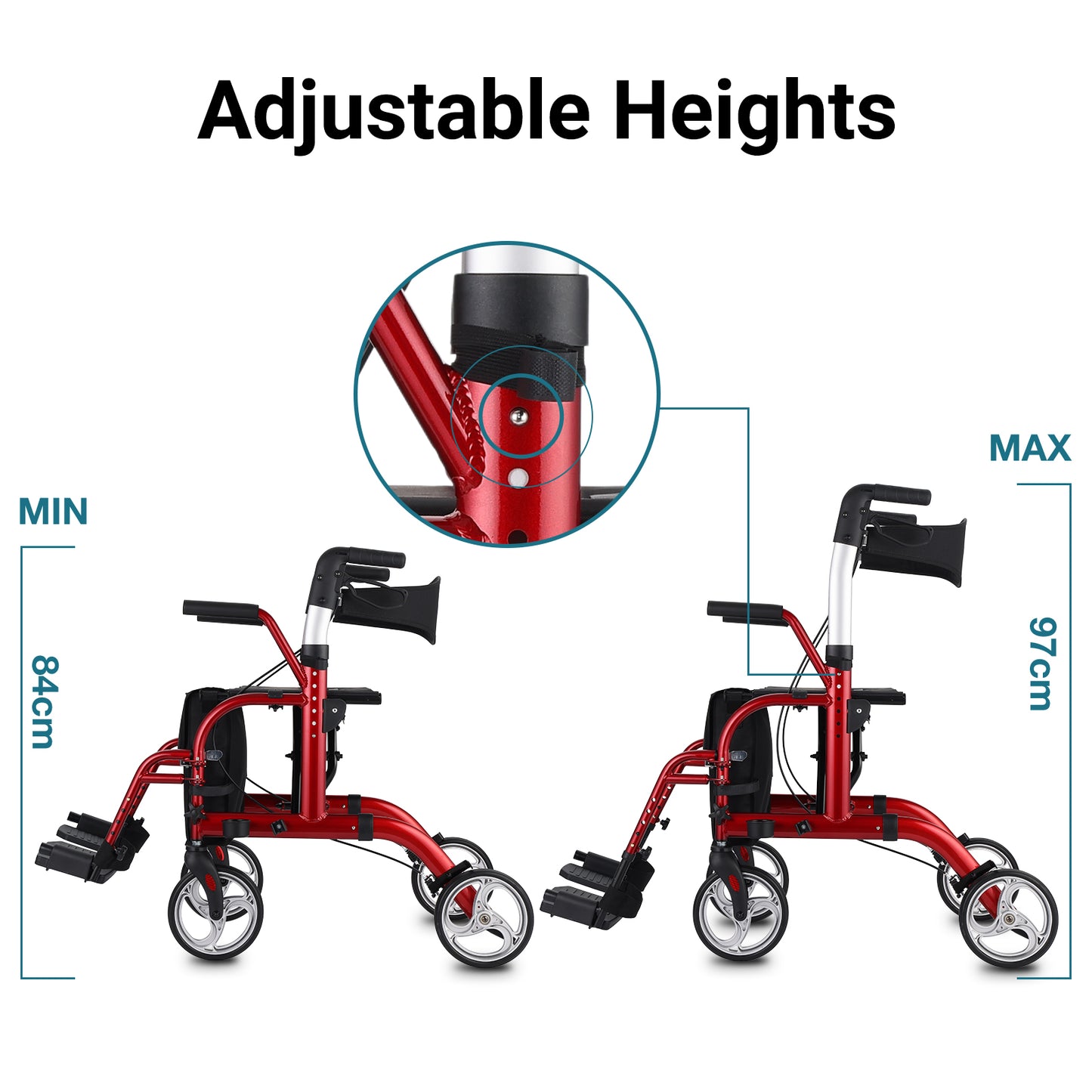 Red walker with adjustable height feature shown on a white background