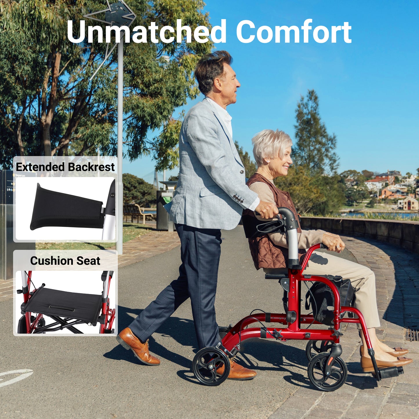 Man pushing a woman in a red rollator with 'Unmatched Comfort' text and product features.