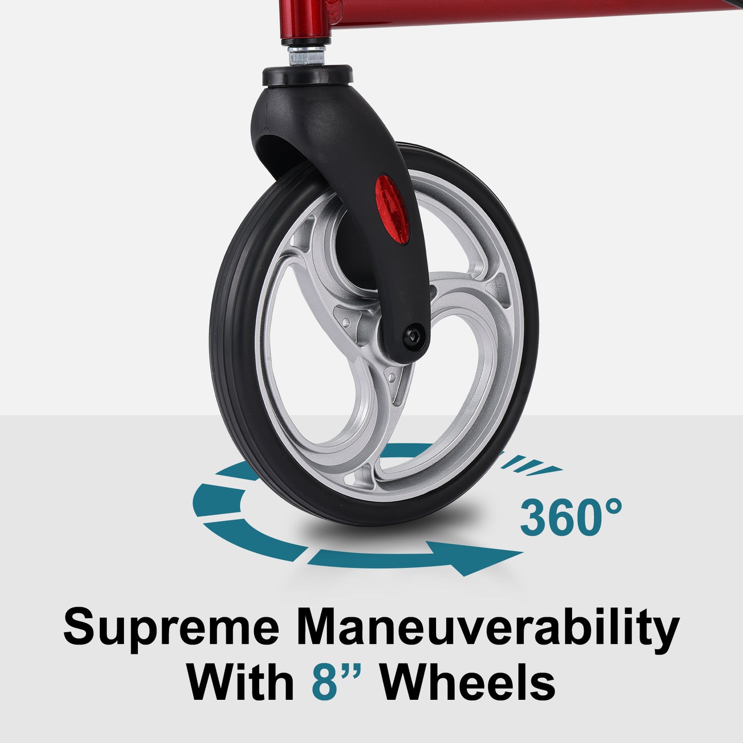 Close-up of a scooter wheel with 360-degree maneuverability text on a white background