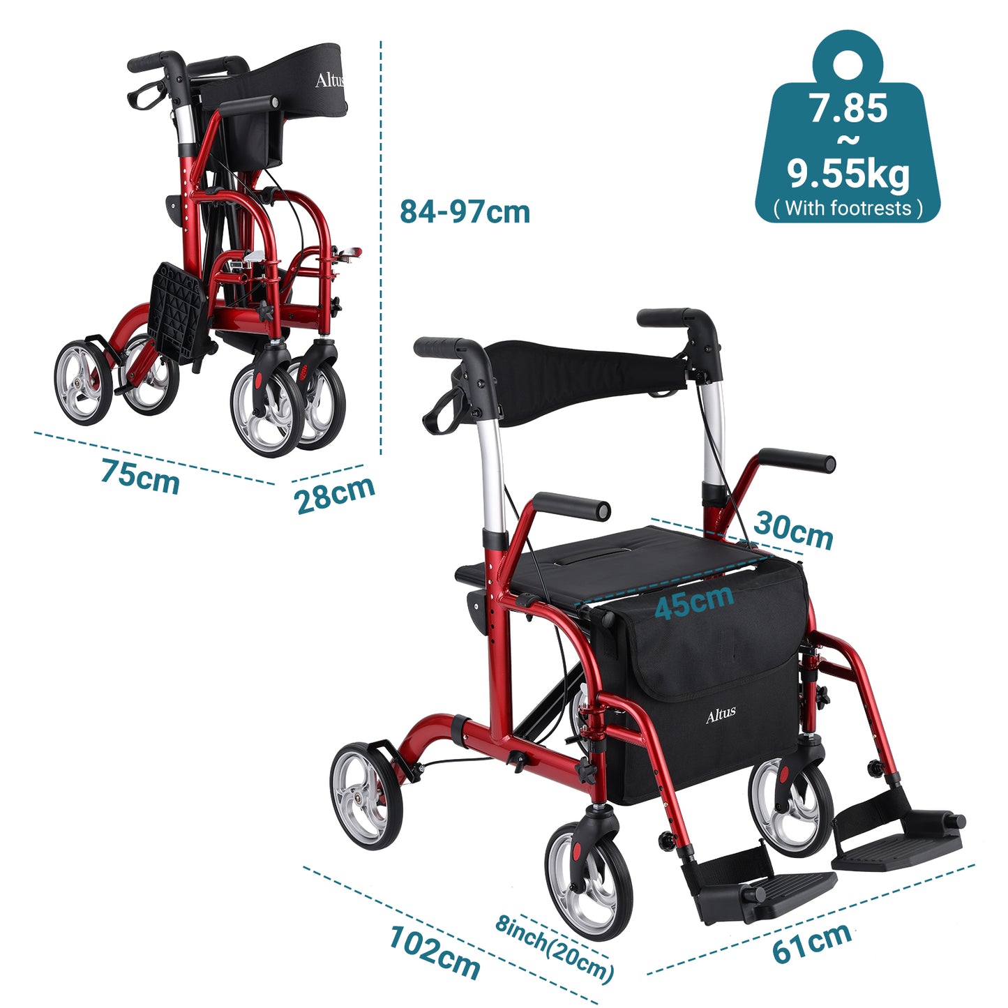 Red and black rollator with dimensions and weight information on a white background