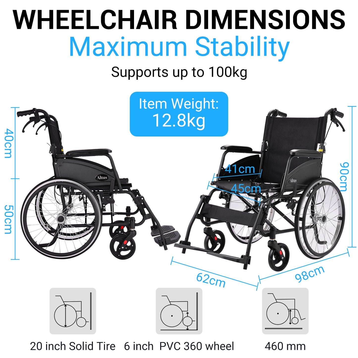 It features 20-inch solid rear tyres and 6-inch 360° swivel front wheels for stability.With a maximum weight capacity of 100kg and weighing just 12.8kg, it’s easy to manoeuvre.
