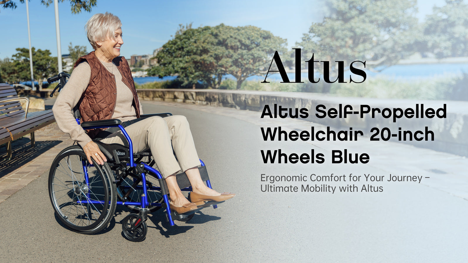 Altus 20-Inch Blue Manual Wheelchair offers smooth, independent mobility with ergonomic design for lasting comfort and support. Enjoy effortless movement and freedom every day.